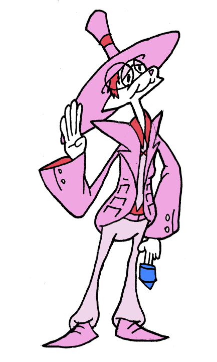 A dapper looking white cat lady in a pink suit with exagerratedly large lapels, as well as a top hat with an oversized rim and a monocle. She is picking a disembodied pocket using her index and middle fingers.